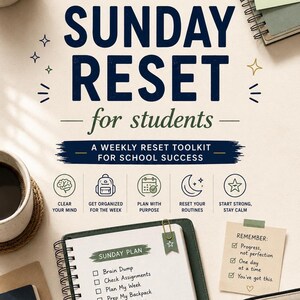 Peut inclure: Image sur le thème de la productivité avec le texte « SUNDAY RESET for students ». Il comprend un carnet avec une liste de contrôle « SUNDAY PLAN », un bloc-notes avec des rappels et une trousse. Une tasse de café et un stylo sont également présents.