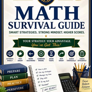 May include: A Math Survival Guide poster featuring a blue shield with an open book icon, text listing strategies like Estimate Wisely and Test Smart, a stack of four books labeled Prepare, Plan, Practice, Persevere, a notepad, calculator, and pens.