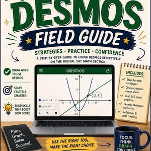 May include: A digital SAT math guide titled Desmos Field Guide featuring a laptop displaying a coordinate plane graph with two intersecting lines. The guide includes a notepad, a black notebook with text, and a blue mug with text on a desk.