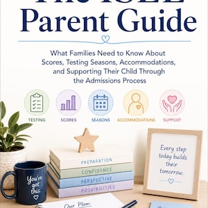 May include: A book cover titled The ISEE Parent Guide with subtitles about admissions, featuring five icons for testing, scores, seasons, accommodations, and support. Below are stacked books, a blue mug with text, a notepad with a pen, and a framed sign.