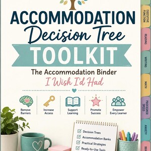 以下が含まれることがあります： Accommodation Decision Tree TOOLKIT The Accommodation Binder I Wish I'd Hadというタイトルのバインダーの表紙。木のアイコン、5つのカテゴリーアイコン、Decision TreesやIEP Meeting Supportなどの内容リスト、およびサイドタブが記載されています。