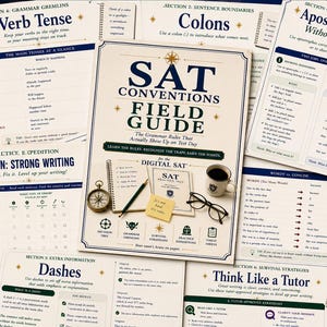 May include: A collection of educational study guides titled SAT Conventions Field Guide, featuring grammar rules, punctuation tips, and practice exercises. The materials include printed sheets with headings like Verb Tense, Colons, and Dashes, alongside a compass, a notebook, a pencil, eyeglasses, and a coffee mug.