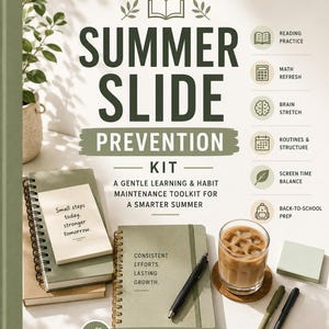 Op de afbeelding: Een Summer Slide Prevention Kit met notitieboekjes, pennen en een drankje. De kit bevat een notitieboekje met de tekst "Kleine stappen vandaag, sterker morgen." en een ander met "Consistente inspanningen. Blijvende groei."