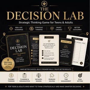 May include: The Decision Lab strategic thinking game for teens and adults. The image shows game cards, a score sheet, and the game box. The game promotes flexible thinking, planning, decision-making, problem-solving, time management, and goal setting.