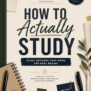 Peut inclure: Couverture de livre intitulée « How to Actually Study » avec le sous-titre « Study Methods That Work for Real Brains ». La couverture présente du texte, un carnet à spirales et un stylo. Le texte supplémentaire comprend « Smarter Not Harder. You've Got This ».