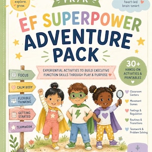 May include: A colorful children's book cover titled "EF SUPERPOWER ADVENTURE PACK." The cover features illustrations of three diverse children dressed as superheroes. Text includes "Experiential Activities" and "30+ Hands-On Activities & Printables."