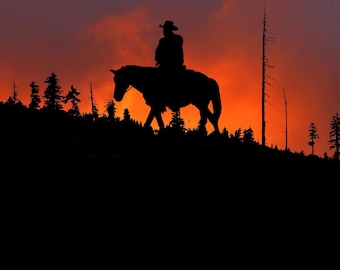 Lámina con silueta de caballo vaquero del oeste, cuadro rústico con paisaje desértico al atardecer.