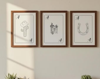 Juego de cartas de estilo western con diseños de sillas de montar de vaquero, cactus y herraduras (descarga digital).