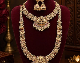 Conjunto de joyas de templo del sur de la India, Lakshmi Haram, pendientes Jhumka, collar de novia de oro antiguo
