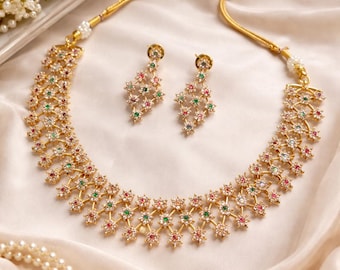 Elegante conjunto de collar de oro con piedras multicolores, conjunto de joyería nupcial india, collar y pendientes para bodas, joyería para fiestas.