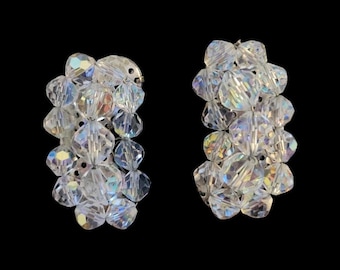 Vintage 1950's Crystal Beaded Cluster Climber Clip-On Earrings!