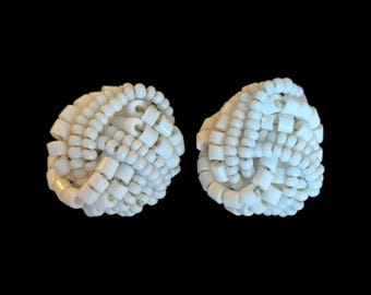 Vintage White Beaded Round Cluster Stud Earrings