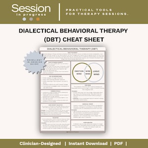 May include: A Dialectical Behavioral Therapy (DBT) cheat sheet featuring a Venn diagram of Emotion Mind, Wise Mind, and Logic Mind. The document includes sections on basic philosophy, quick in-session prompts, key interventions, and biosocial theory.