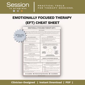 May include: A white, rectangular Emotionally Focused Therapy (EFT) cheat sheet with black text, featuring sections on basic philosophy, quick in-session prompts, key interventions, common pitfalls, the negative interaction cycle, and attachment injuries.