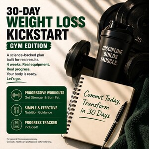 Pode incluir: Anúncio de um programa de perda de peso de 30 dias. A imagem apresenta um shaker preto com o texto "DISCIPLINE BUILDS MUSCLE", um bloco de notas com o texto "Commit Today. Transform in 30 Days" e um haltere.