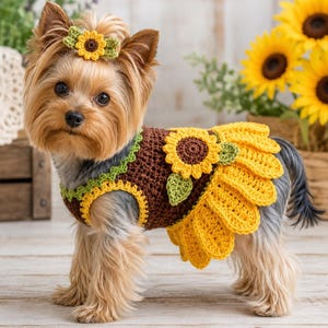 Op de afbeelding: Een kleine hond draagt een bruin gehaakt vestje met een geel zonnebloemmotief en een bijpassend zonnebloem-haaraccessoire. Het vestje heeft een groene geschulpte rand rond de hals en armsgaten, met een grote zonnebloemapplicatie op de rug.