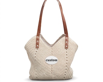 Geflochtene Stroh Schultertasche, Gehäkelte Tasche mit Lederriemen | Strand Boho Sommer