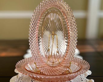 Vintage Anchor Hocking Miss America Pink Depression Glass Oval Bowls Set of 2 | 1930s Elegant Pressed Glass | Diamond Cut Serving Dishes