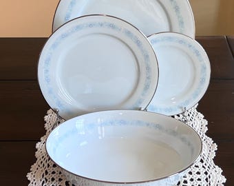 Vintage Noritake Vicki Dinnerware Set | Blue Floral China, Platinum Trim, Japan