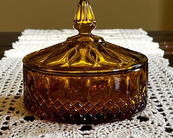 Vintage Indiana Glass Amber Lidded Candy Dish | Princess Pattern Pressed Glass Bowl