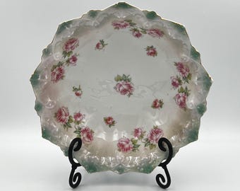 Bol de porcelana antiguo MZ Austria pintado a mano, bol victoriano con diseño floral de rosas, plato para servir con borde dorado festoneado, porcelana austriaca 1890–1918