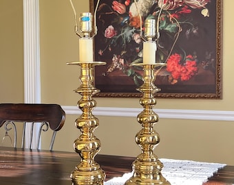 Pair Solid Brass Table Lamps, 1960s Hollywood Regency Baluster Lighting