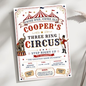 Drie ringen Circus derde verjaardag uitnodigen - carnaval themaviering, bewerkbare sjabloon voor directe download en leuk feestje