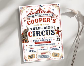 Three Ring Circus Third Birthday Invite - Carnival Theme Celebration, Editable Template For Instant Download And Fun Party