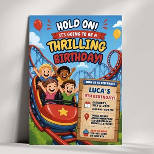 Könnte beinhalten: Eine Geburtstagseinladung mit einer roten und blauen Achterbahn und vier Kindern in einem Wagen. Der Text lautet: HOLD ON! IT'S GOING TO BE A THRILLING BIRTHDAY! JOIN US TO CELEBRATE LUCA'S 9TH BIRTHDAY! SATURDAY, JULY 15, 2026, 2:00 PM - 6:00 PM.