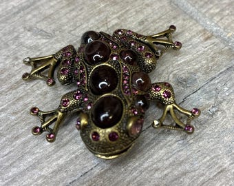 Signed Chico’s Vintage Gold-Tone Katen Frog Brooch Pink And Purple Rhinestones