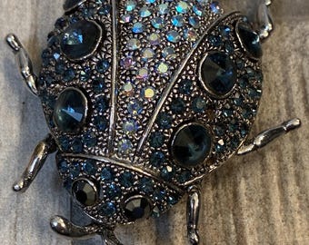 Vintage Blue Rhinestone Ladybug Pin Brooch Silvertone Aurora Borealis Crystal