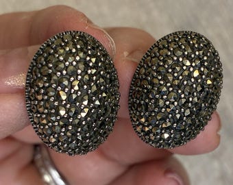 Vintage Sterling Silver Marcasite Domed Oval Clip On Earrings
