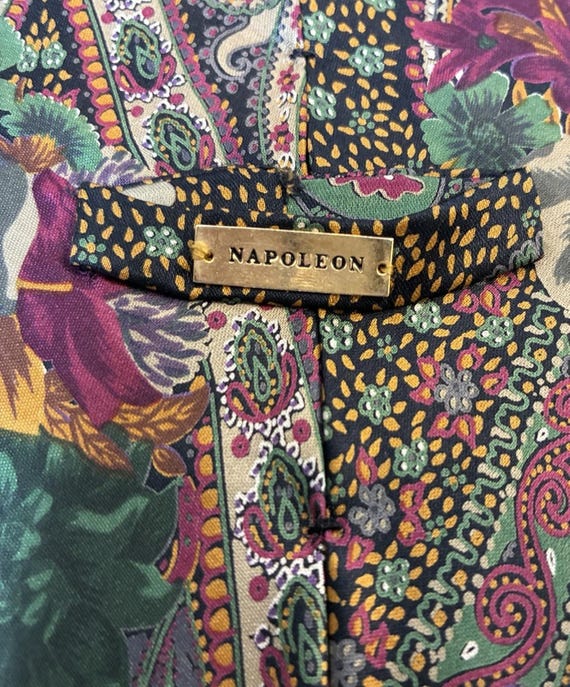 Rare Vintage Napoleon Silk Tie Paisley Floral Gold Plate Keeper Loop Jewel Tone View 3