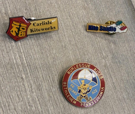 Vintage Kite Enthusiast Pin Lot Burlesque Kites, Carlisle Kiteworks, Kite Studio