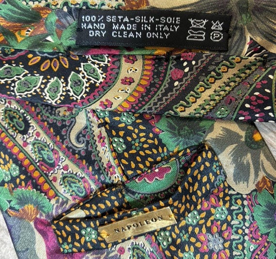 Rare Vintage Napoleon Silk Tie Paisley Floral Gold Plate Keeper Loop Jewel Tone View 5