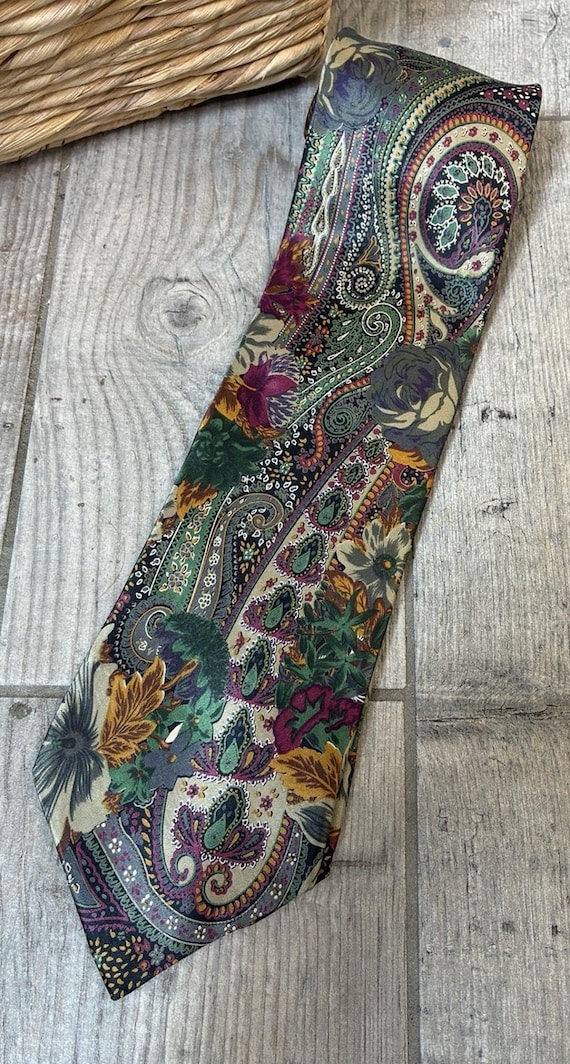 Rare Vintage Napoleon Silk Tie Paisley Floral Gold Plate Keeper Loop Jewel Tone