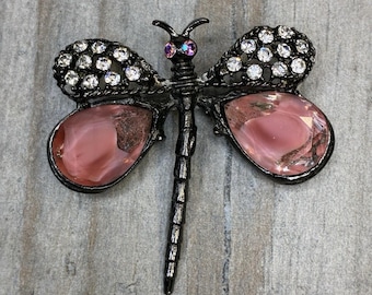 Vintage Pewter Tone Dragonfly Brooch Pin Rhinestones Pink Stone Accents