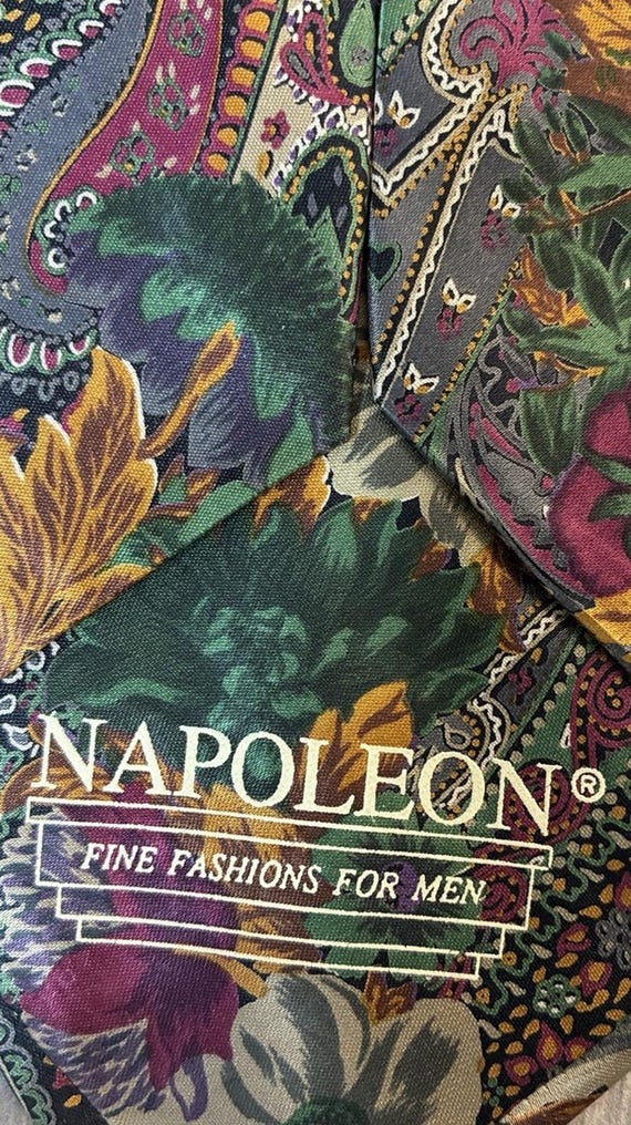 Rare Vintage Napoleon Silk Tie Paisley Floral Gold Plate Keeper Loop Jewel Tone View 4