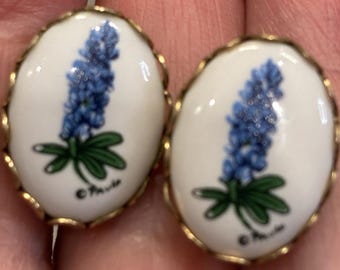 Vintage Paula Signed Hand Painted Porcelain Texas Bluebonnet Clip-On Earrings