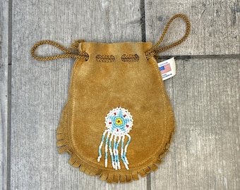 Vintage Bloom Brothers Beaded Suede Pouch Fringe Southwestern Boho Coin Bag USA