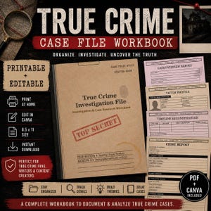 May include: A true crime case file workbook with the title "True Crime Case File Workbook". The workbook includes printable and editable case files, victim profiles, and crime reports. The workbook is 8.5 x 11 inches in size and is an instant download.