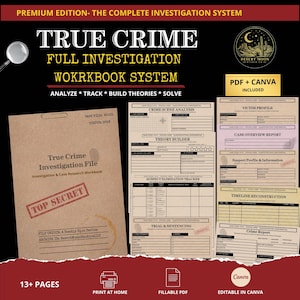 Könnte beinhalten: Ein True Crime Full Investigation Workbook System mit dem Text "Analysieren, Verfolgen, Theorien aufbauen, Lösen". Enthält eine "Top Secret"-Datei, Tatortanalysen und Opferprofilformulare. PDF und Canva enthalten. 13+ Seiten.