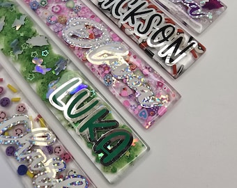 Personalized Glitter Resin Fidget Bookmark, Silicone Beads, Sensory Bookmark