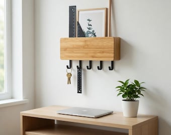 Wood Key Holder Wall Organizer Entryway Rack Rustic Bamboo Hooks Space Saving Decor