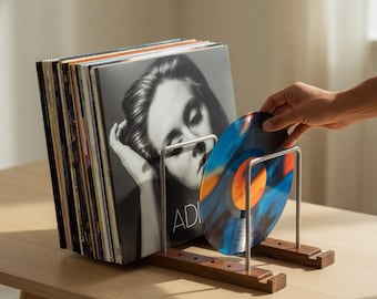 Wood Vinyl Record Holder Adjustable – Walnut Album Organizer Stand | Rustic Space Saving Display Rack