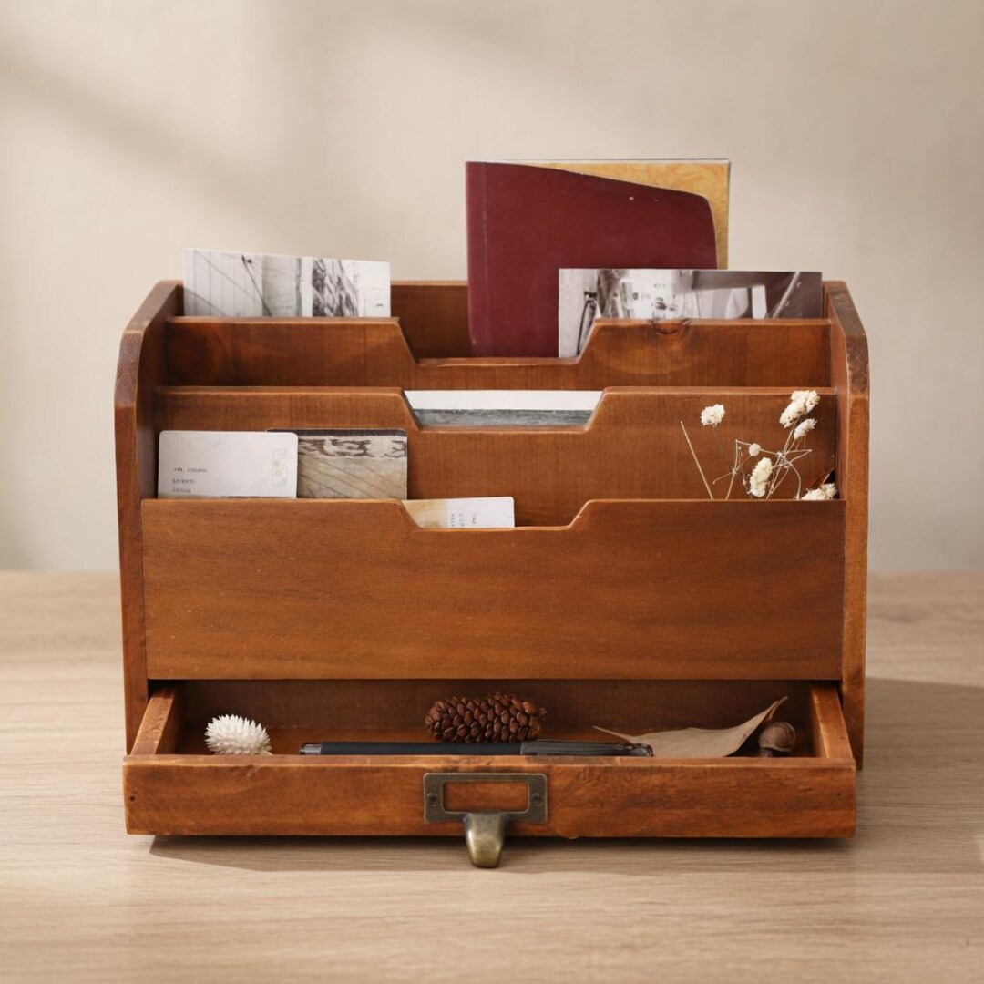 Wood Desk Organizer With Drawer – Rustic Mail Sorter, Office Storage ...