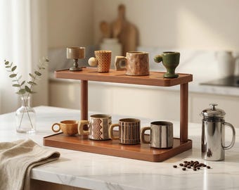 Wood Desk Organizer 2 Tier Bamboo Rack | Rustic Kitchen Counter Storage Shelf
