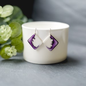 Ceramics drop earrings &#39;Purple&#39;, square, porcelain