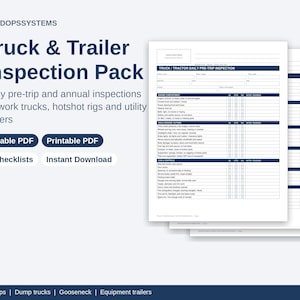 Puede incluir: Un paquete de inspección de camiones y remolques con cuatro listas de verificación para inspecciones diarias y anuales. El documento incluye secciones para el motor, el exterior y la cabina en formato PDF rellenable.