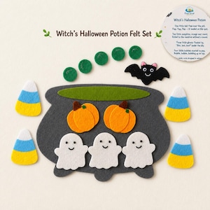以下が含まれることがあります： Witch's Halloween Potionというタイトルのフェルトセット。大きな灰色の鍋、3つの白いお化け、2つのオレンジ色のカボチャ、黒いコウモリ、5つの緑色の円、黄色・白・青の4つのキャンディコーンの形をしたパーツと説明カードが含まれています。